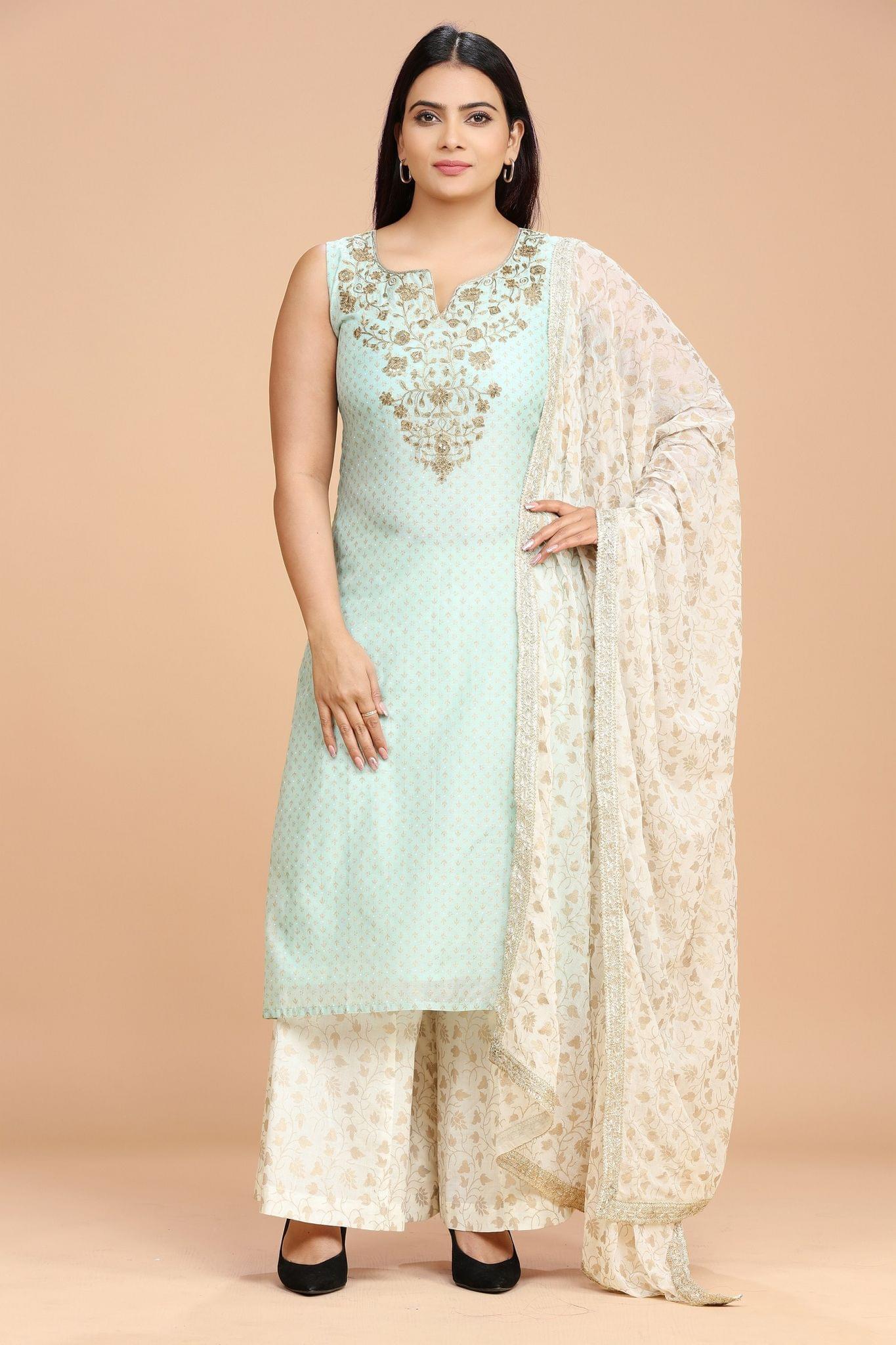 Kalpana Aqua Cotton Chanderi Embroidered Suit Set