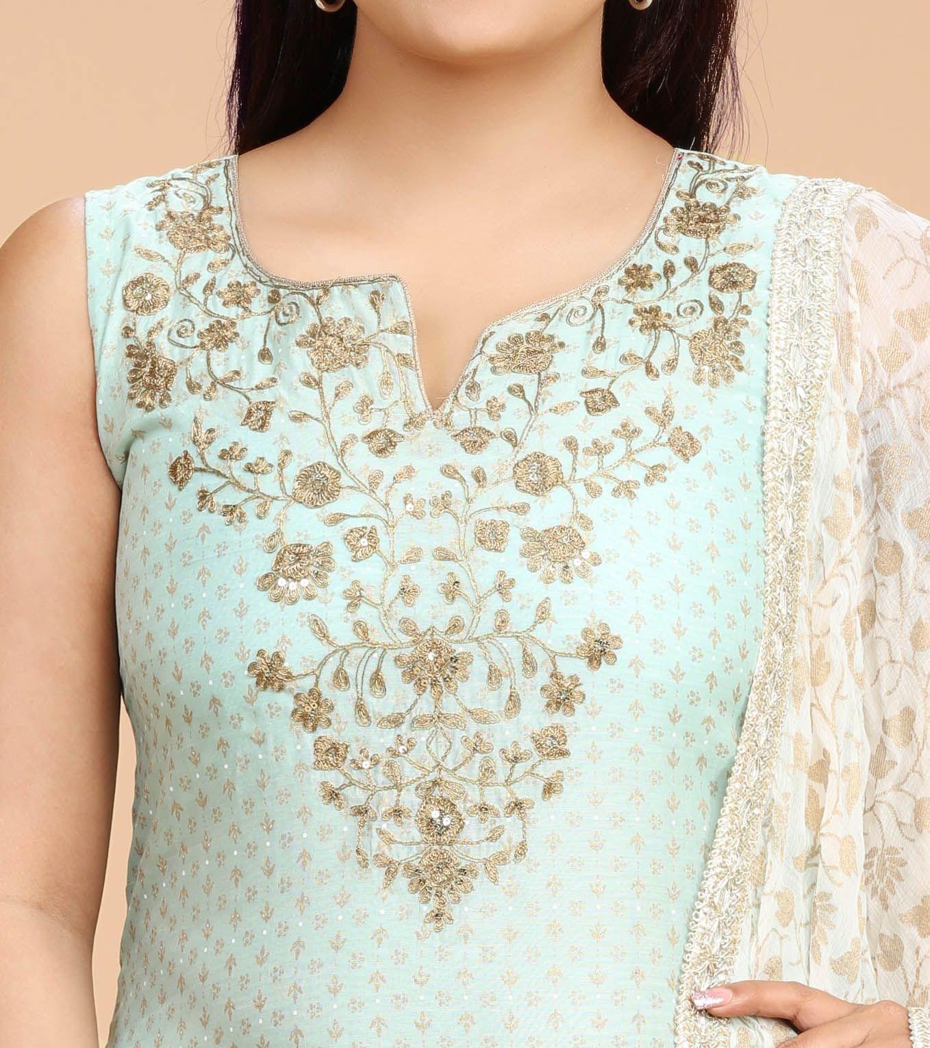 Kalpana Aqua Cotton Chanderi Embroidered Suit Set