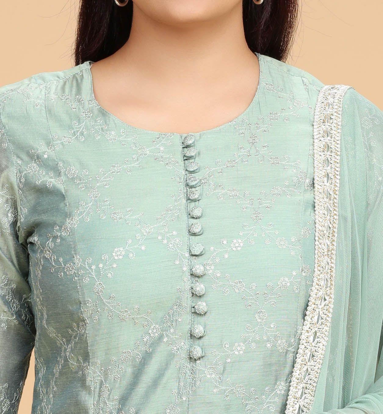 Kamana Pista Green Cotton Chanderi Embroidered Suit Set