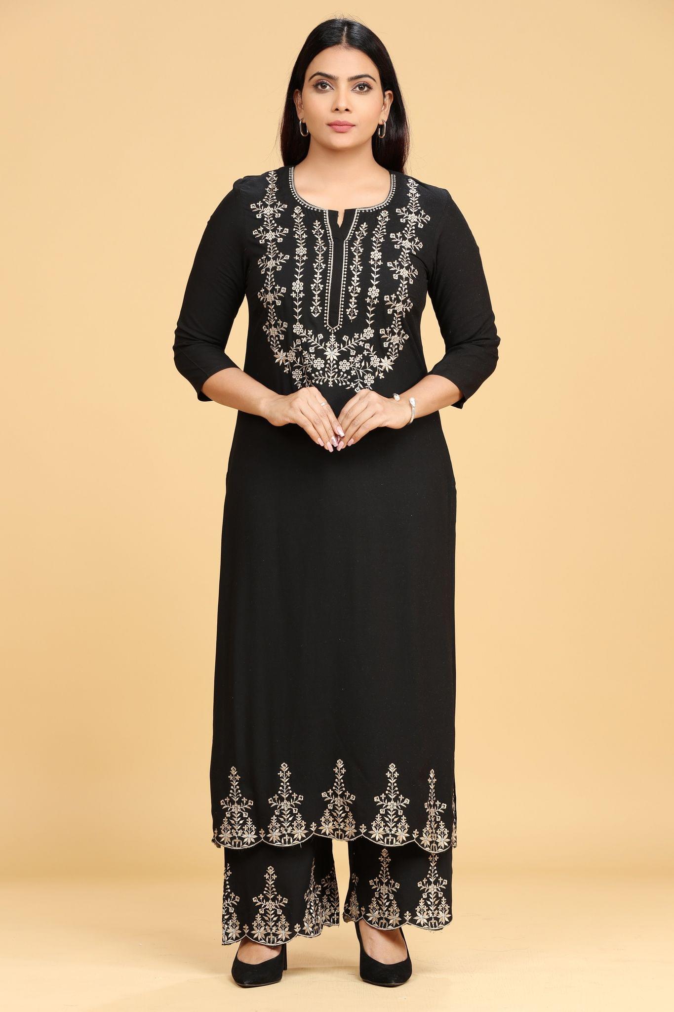 Rabia Black Embroidered Rayon Kurta With Pant Set