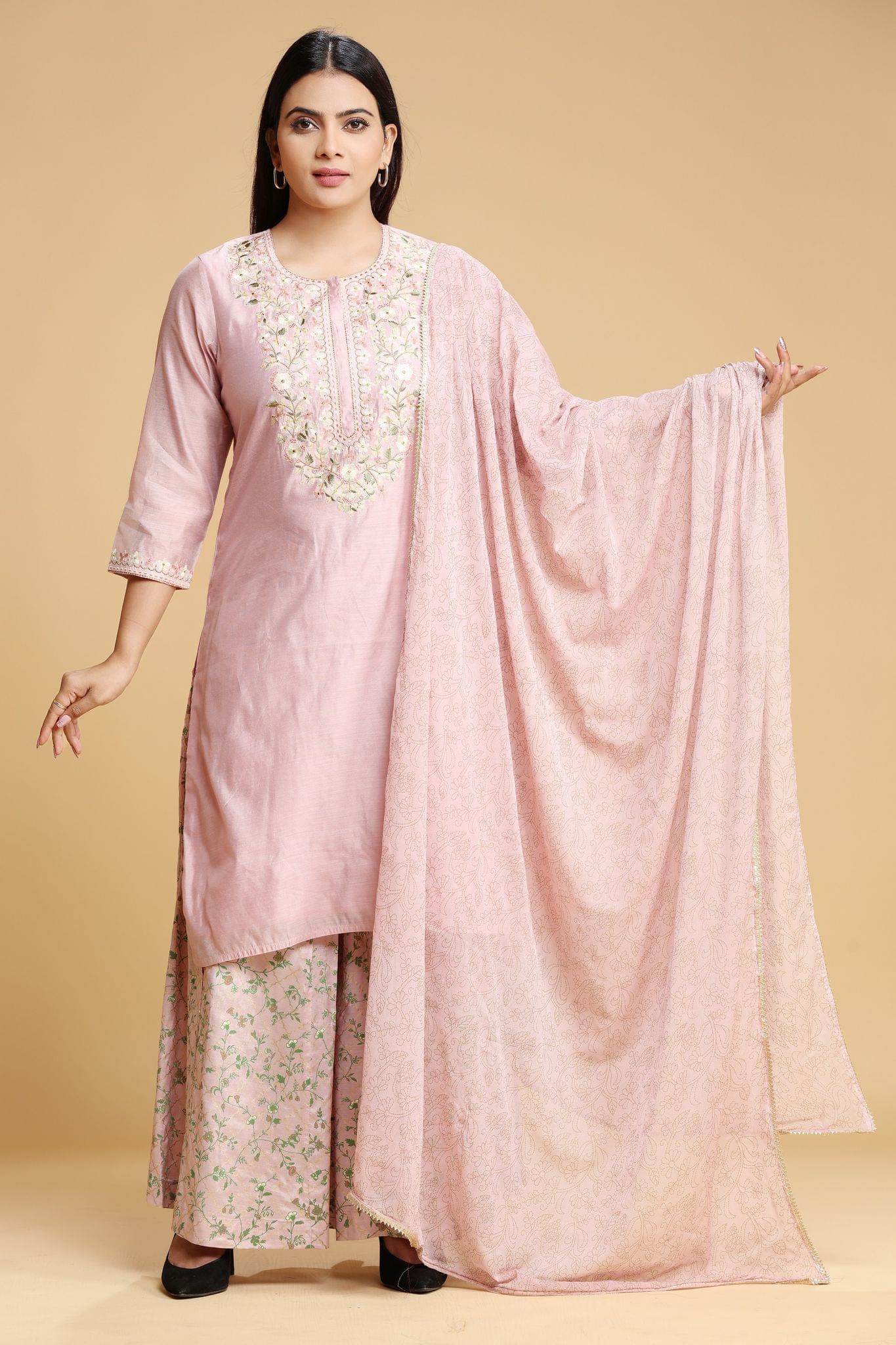 Kishori Baby Pink Cotton Chanderi Embroidered Suit Set