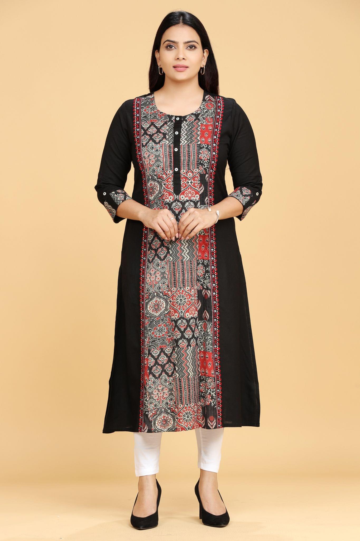 Iravati Black Cotton A-Line Kurta