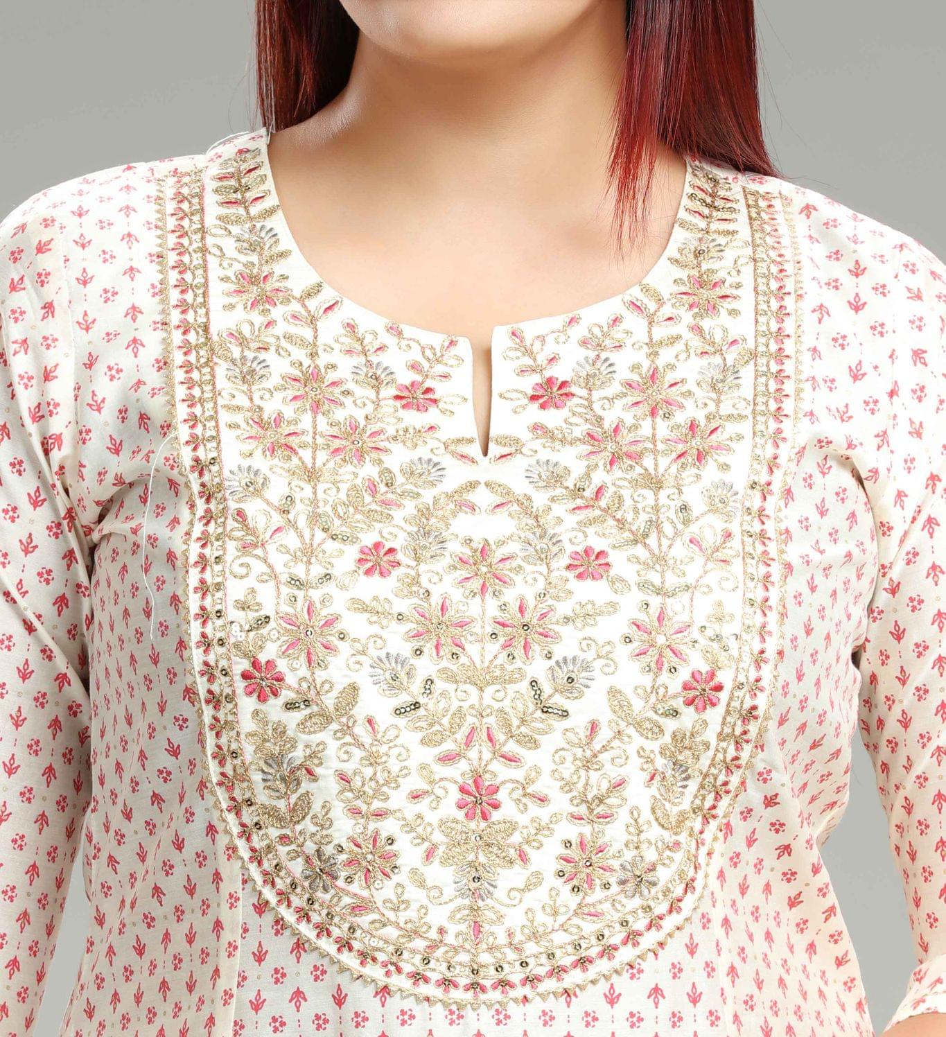 Hemakshi Off White Cotton Chanderi Embroidered Suit Set