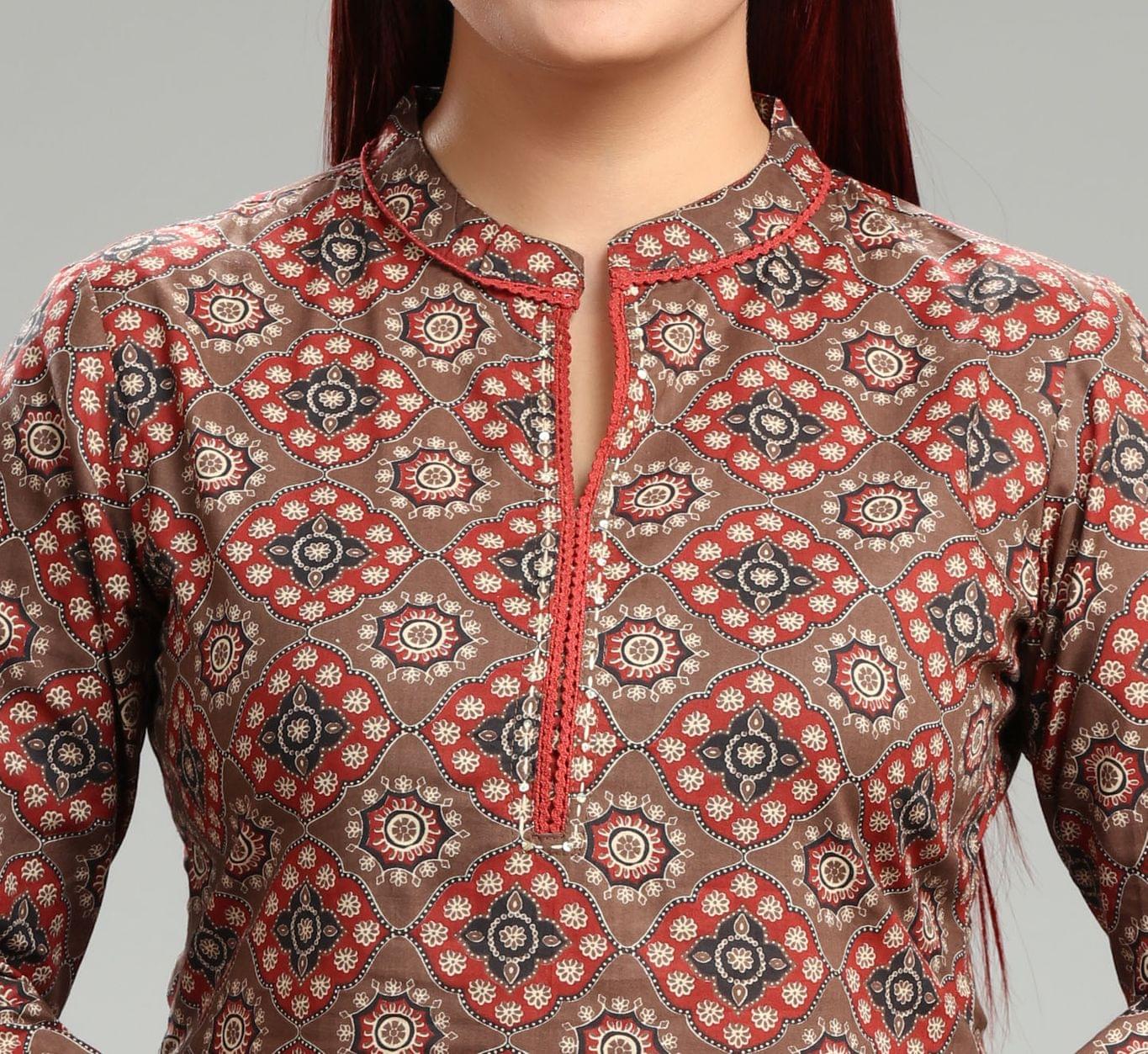 AF-39 Brown Jaipuri Cotton Short Kurti