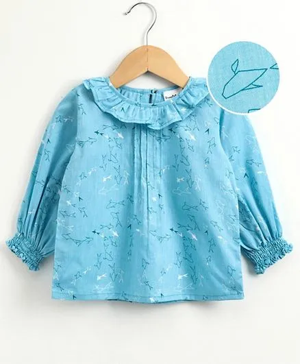 Blue Pin-tuck Top with Origami Print