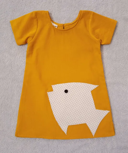 Corduroy Frock With Fish Applique -  Yellow