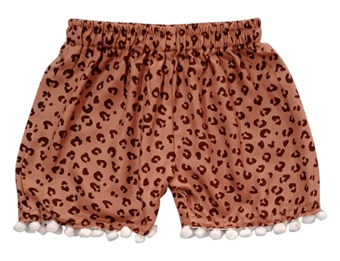 Girls Pom Pom Shorts With Cheetah Print - Brown