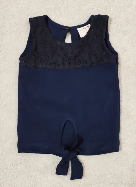 Sleeveless Top With Upper Lace Panel - Navy Blue