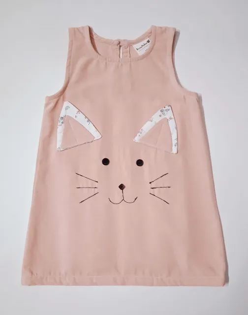 Sleeveless Corduroy Frock With Cat Face - Pink