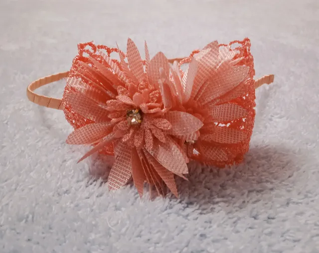 Pink Hairband With Crochet Bow And Floral Applique - Pink