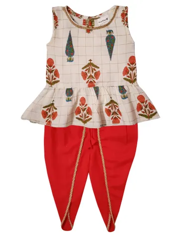 Snowflakes Girls Kurti With Dhoti Style Pant Set - White & Red