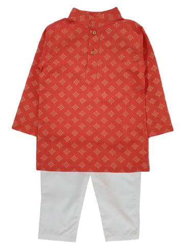 Snowflakes Boys Kurta With Diamond Prints & Pyjama Set  - Orange