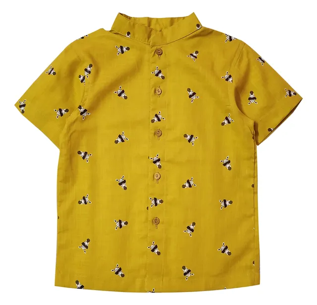 Snowflakes Half Sleeve Cotton Shirt With Zebra Print - Mustard