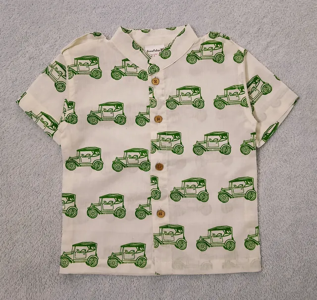 Half Sleeve Cotton Shirt With Car Print - White