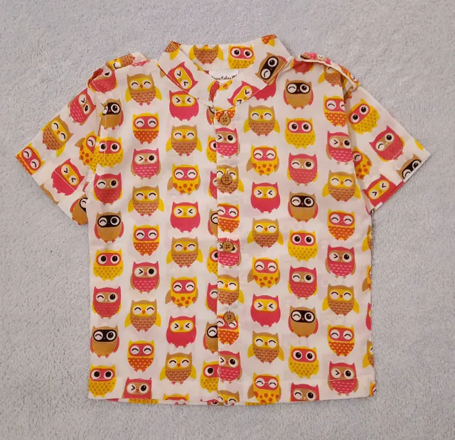 Half Sleeve Cotton Shirt With All Over Owl Print - White