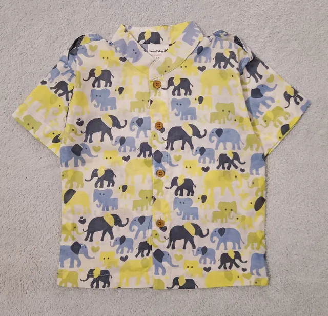 Half Sleeve Cotton Shirt With All Over Elephant Print - White