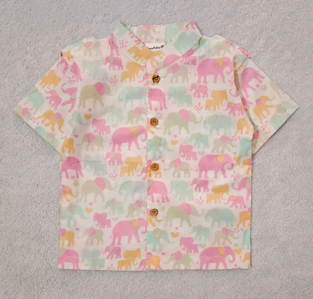 Half Sleeve Cotton Shirt With All Over Elephant Print - White