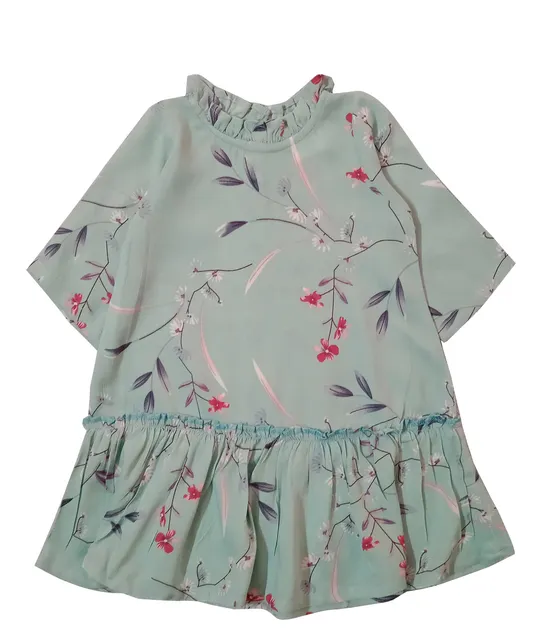 Snowflakes Girls 3/4th Sleeve Dress With Floral Prints - Green