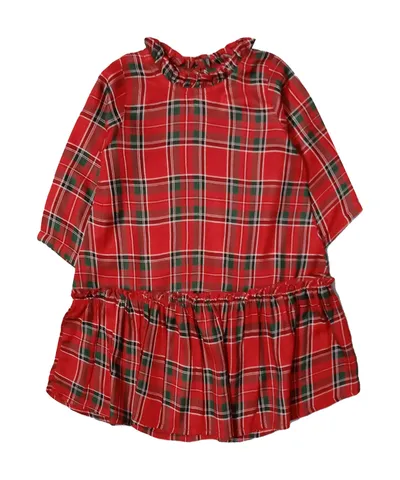 Snowflakes Girls 3/4th Sleeve Checkered Dress - Red