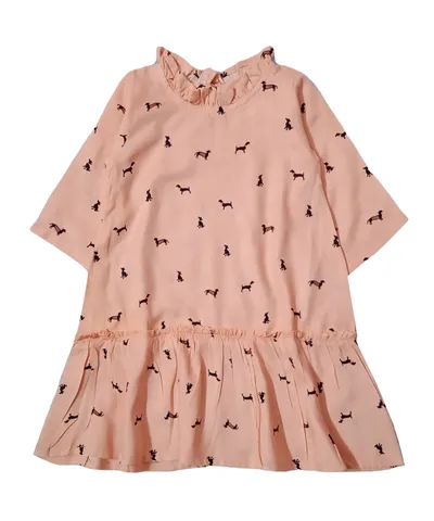 Snowflakes Girls 3/4th Sleeve Dress With Dog Prints - Peach