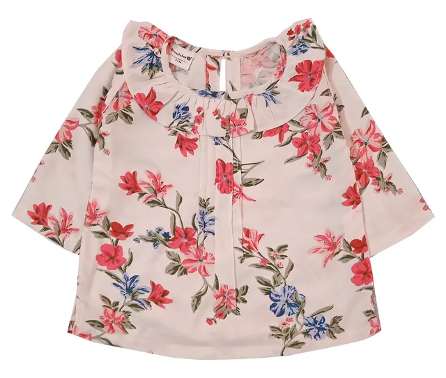 Snowflakes Girls 3/4th Sleeve Top With Floral Prints - White