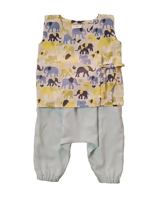 Snowflakes Unisex Infant Jabla top with blue Elephant print and Harem pant set-Off white