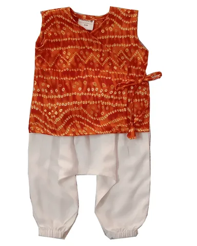 Snowflakes Unisex Infant Jabla top with Bandhini print and Harem pant set-Orange