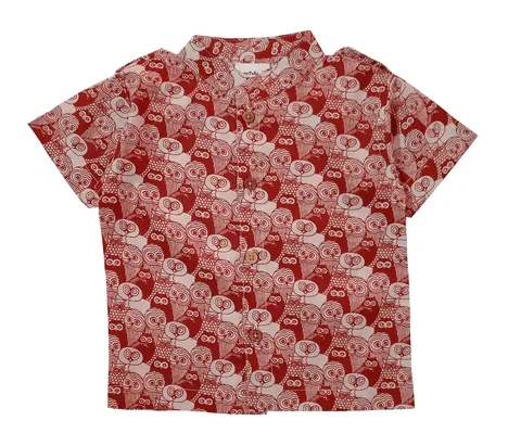 Snowflakes Boys Half Sleeve Shirt With Owl Prints -Red