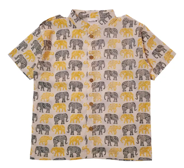 Snowflakes Boys Half Sleeve Shirt With All Over Black & Yellow  Elephant Prints -White