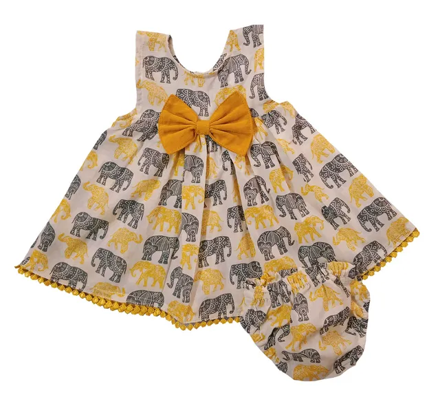 Snowflakes Baby Girls' Frock with all over Elephant Print- White