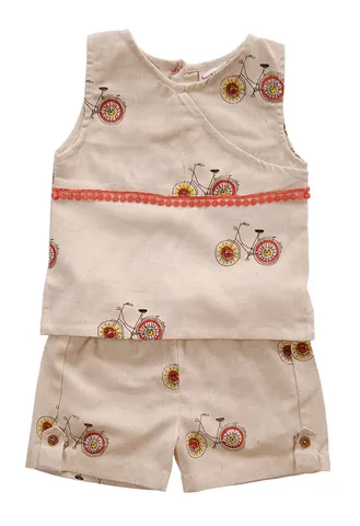 Snowflakes Girls Co-Ord with Cycle prints  - Off white