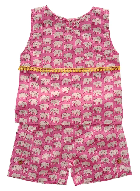Snowflakes Girls Co-Ord Set With Elephant Prints - Pink