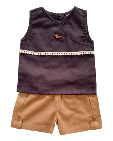Snowflakes Girls Solid Top  And  Shorts Combo - Black And Khaki