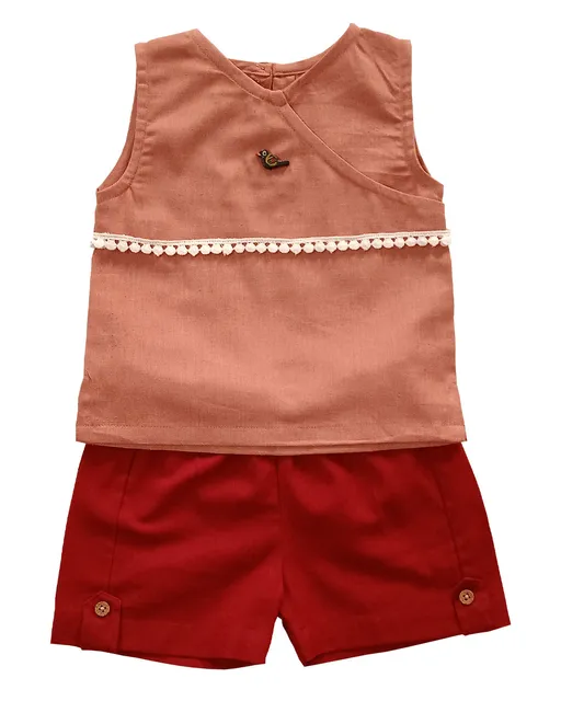 Snowflakes Girls Solid  Top And  Shorts Combo - Peach and Red