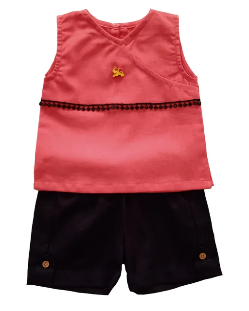 Snowflakes Girls Solid Top And Shorts Combo - Pink and Black