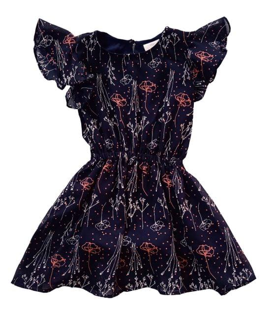 Snowflakes Girls Frock with Floral Print -  Dark Blue