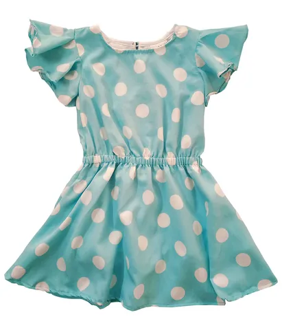 Snowflakes Girls Frock with Polka Dots Print - Sky Blue