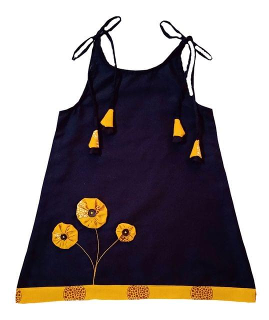 Snowflakes Girls  Tying Style Frock with Flowers - Navy Blue