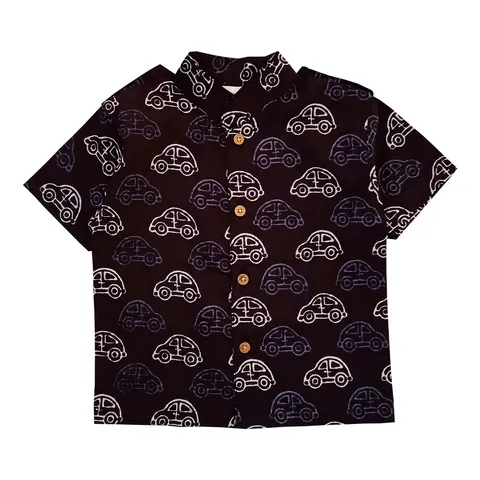 Snowflakes Boys Half Sleeve Shirt With Car Prints -Black
