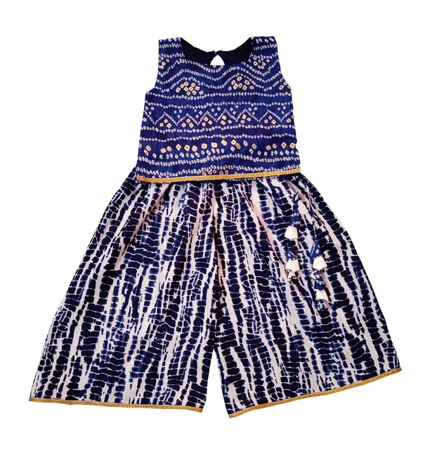 Snowflakes Girls Ethnic Wear Top With Bandini Print And Palazo Pant - Blue