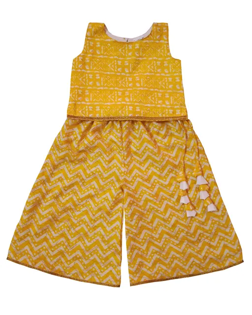Snowflakes Girls Ethnic Wear Top With geometric Print And Palazo Pant - Yellow