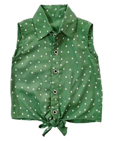 Snowflakes Girls Sleeveless Shirt With Polka Dots Prints - Green