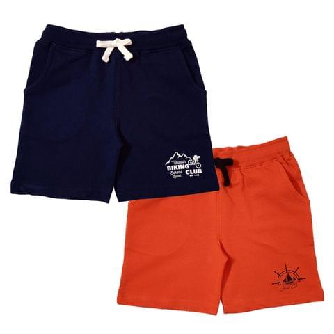 Snowflakes Boys Cotton Printed Shorts Combo ( Pack of 2) - Navy Blue& Orange