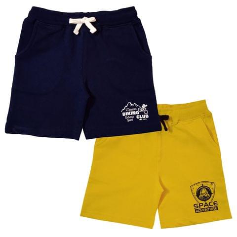 Snowflakes Boys Cotton Printed Shorts Combo ( Pack of 2) - Navy Blue & Lime Yellow