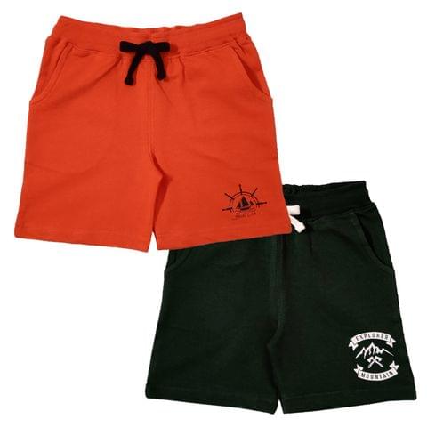 Snowflakes Boys Cotton Printed Shorts Combo ( Pack of 2) - Orange & Bottle Green