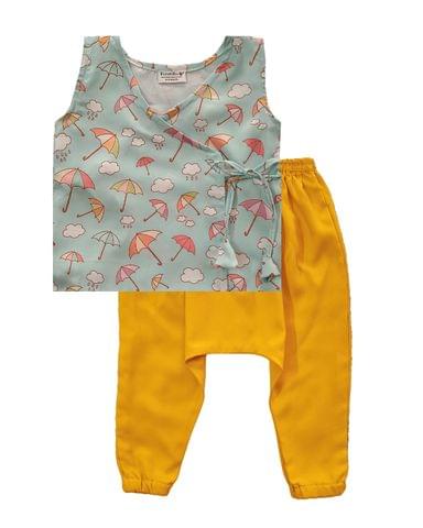 Snowflakes Unisex Infant Jabla Top With Umbrella Print And Harem Pant Set - Sky Blue & Yellow