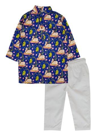 Snowflakes Boys kurta With Cow Prints And Pyjama Set -Navy Blue & White