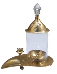 Brass Pooja Thali 'Abhishekam': Akhand Jyoti Oil Lamp, Incence Stick Holder, Kumkum Dhoop Slot in a Mini Plate (12124)