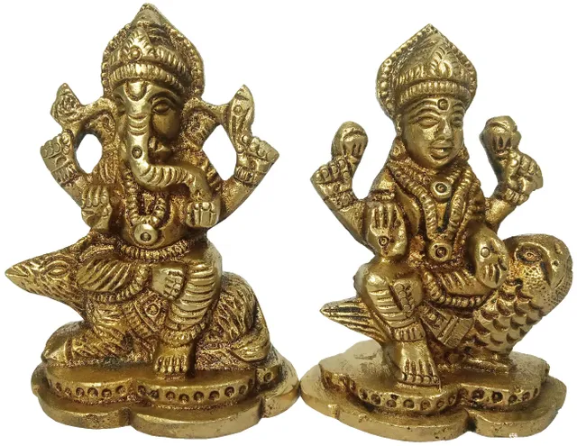 Brass Idols Ganesha Laxmi On Respective Mounts Mouse & Owl: Vintage Design Good Luck Collectible Statue Set (12151)