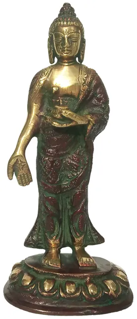 Brass Idol Standing Buddha: Collectible Statue in Red Gold Finish (12159)